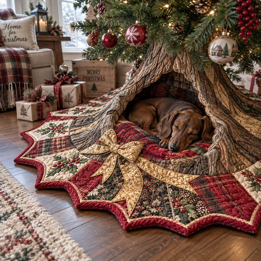 Sleepy Dachshund Hideaway Custom Shape Christmas Quilted Tree Skirt TZL0DV309