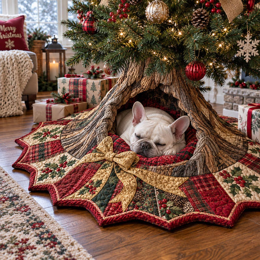 Sleepy Frenchie Hideaway Custom Shape Christmas Quilted Tree Skirt TZL0DV304
