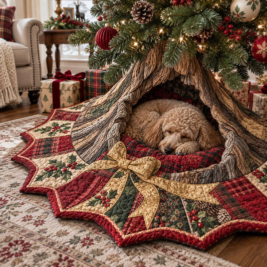 Sleepy Poodle Hideaway Custom Shape Christmas Quilted Tree Skirt TZL0DV310