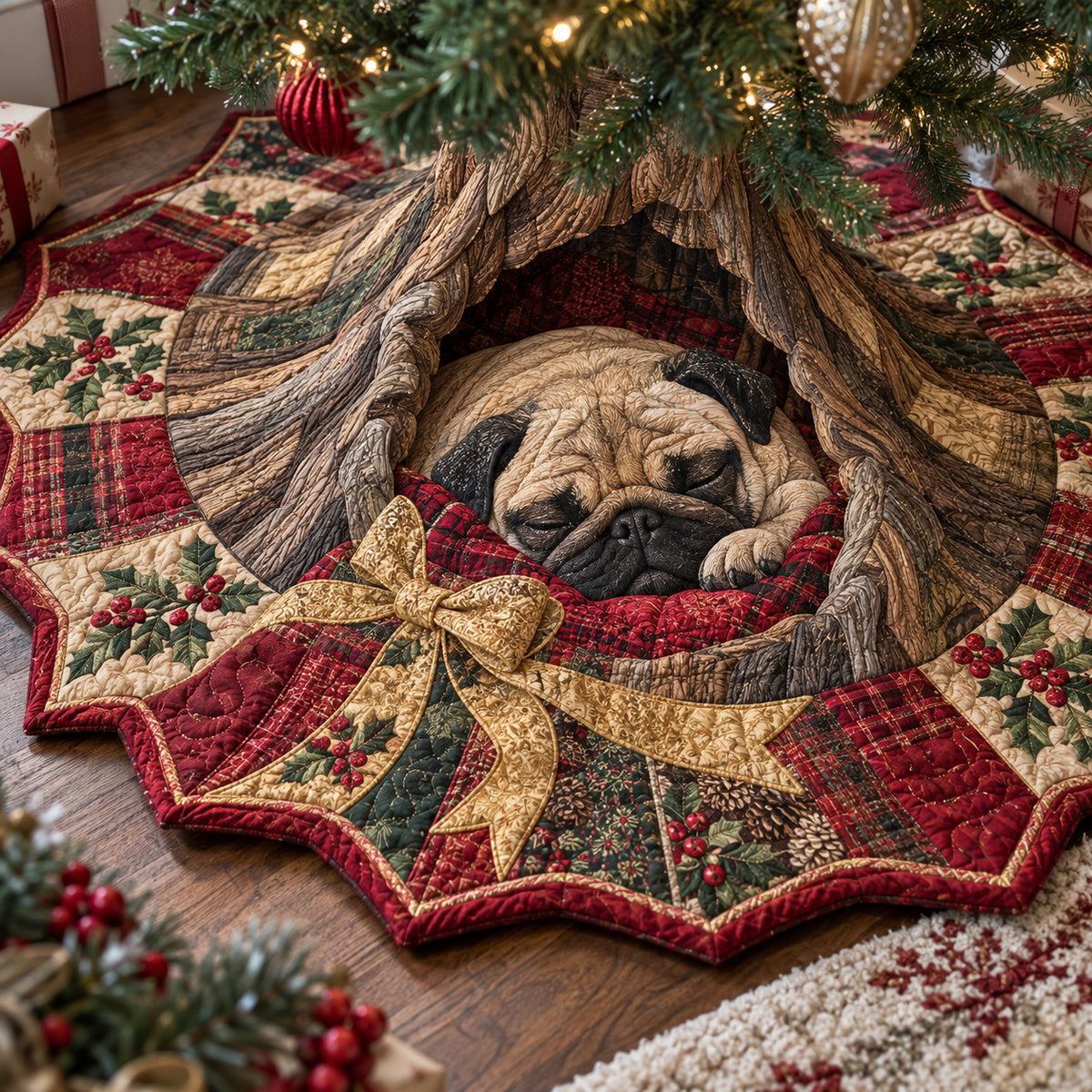 Sleepy Pug Hideaway Custom Shape Christmas Quilted Tree Skirt TZL0DV192