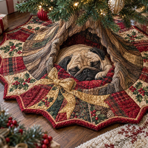 Sleepy Pug Hideaway Custom Shape Christmas Quilted Tree Skirt TZL0DV192
