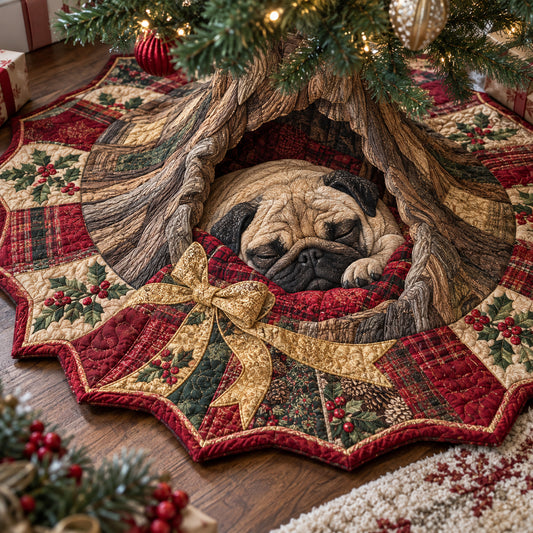 Sleepy Pug Hideaway Custom Shape Christmas Quilted Tree Skirt TZL0DV192