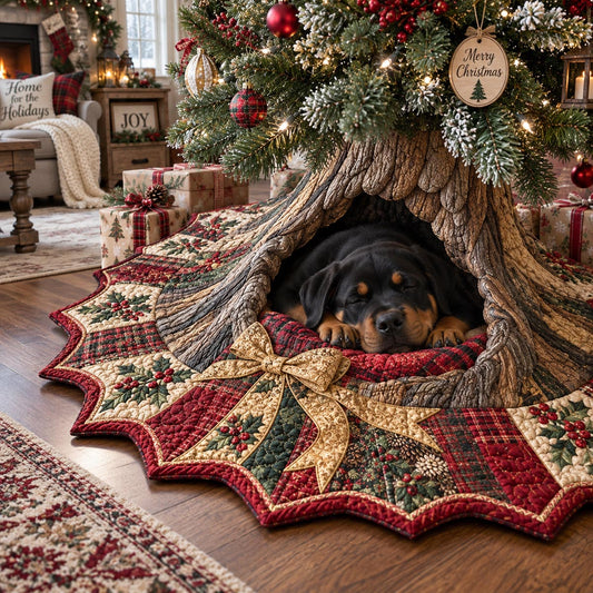 Sleepy Rottweiler Hideaway Custom Shape Christmas Quilted Tree Skirt TZL0DV306