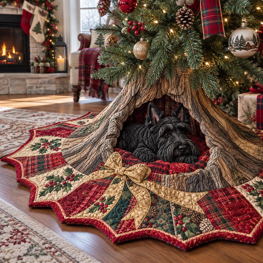 Sleepy Scotty Hideaway Custom Shape Christmas Quilted Tree Skirt TZL0DV316
