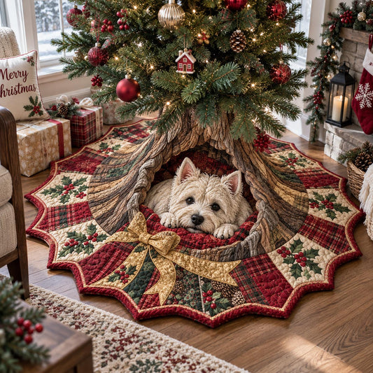 Sleepy Westie Hideaway Custom Shape Christmas Quilted Tree Skirt TZL0DV315