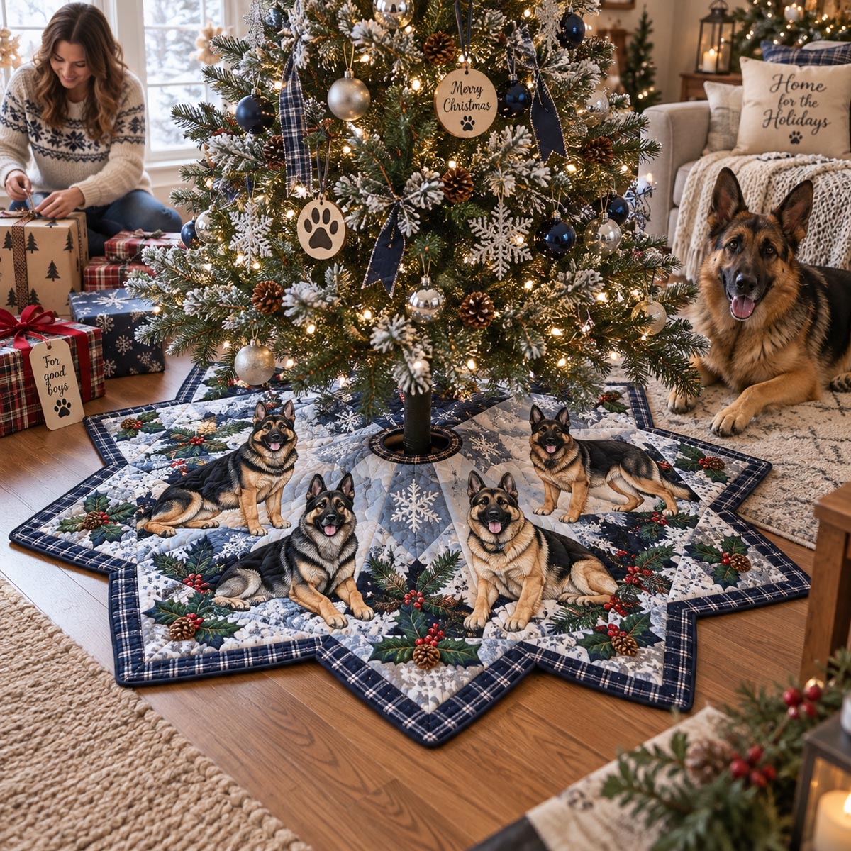 Snowflake German Shepherd Custom Shape Christmas Quilted Tree Skirt TZL0DV148