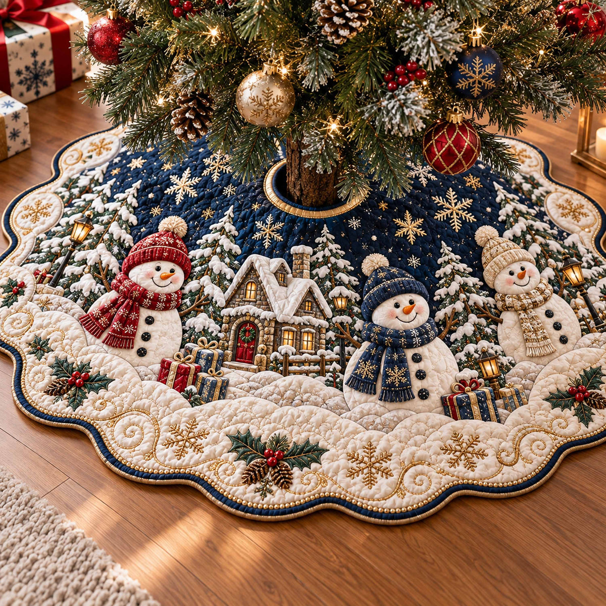 Snowman Cheer Custom Shape Christmas Quilted Tree Skirt TZL0TD114