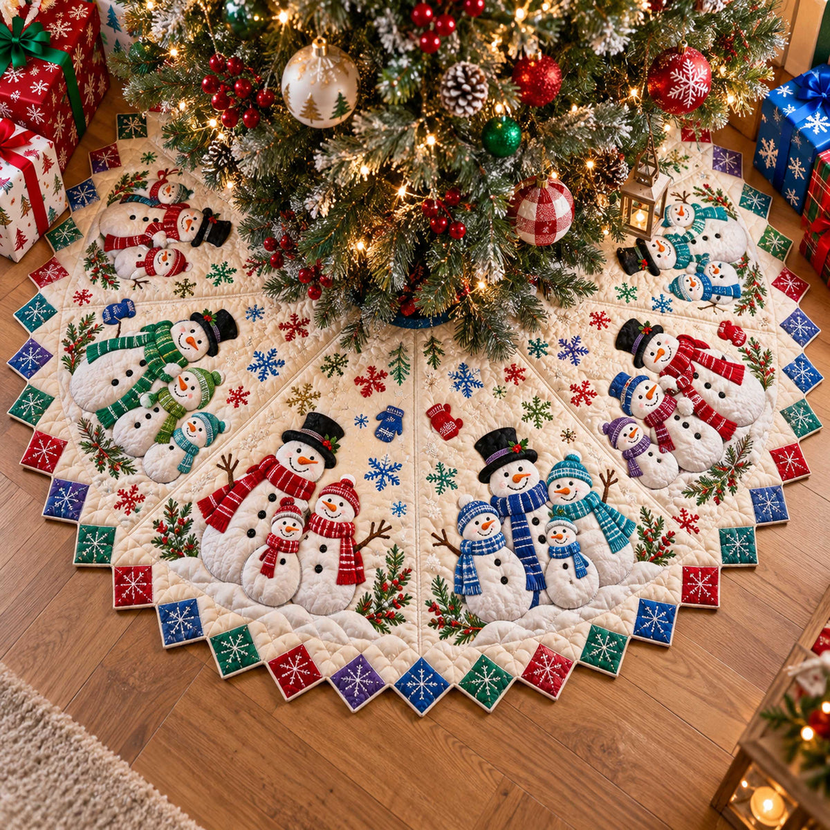 Snowman Family Custom Shape Christmas Quilted Tree Skirt TZL0TD30