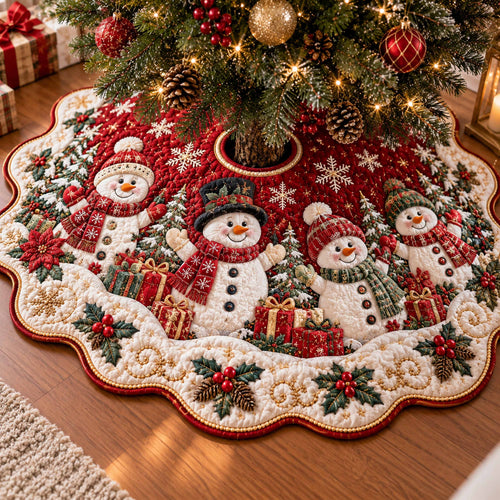 Snowman Friends Custom Shape Christmas Quilted Tree Skirt TZL0TD120