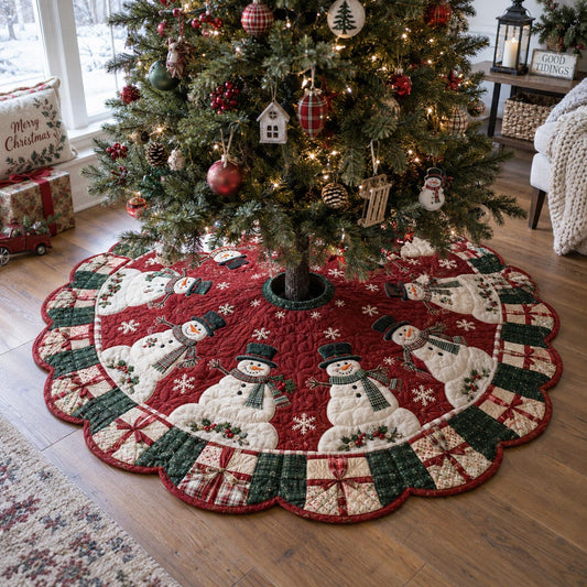 Snowman Gathering Custom Shape Christmas Quilted Tree Skirt TZL0DV053