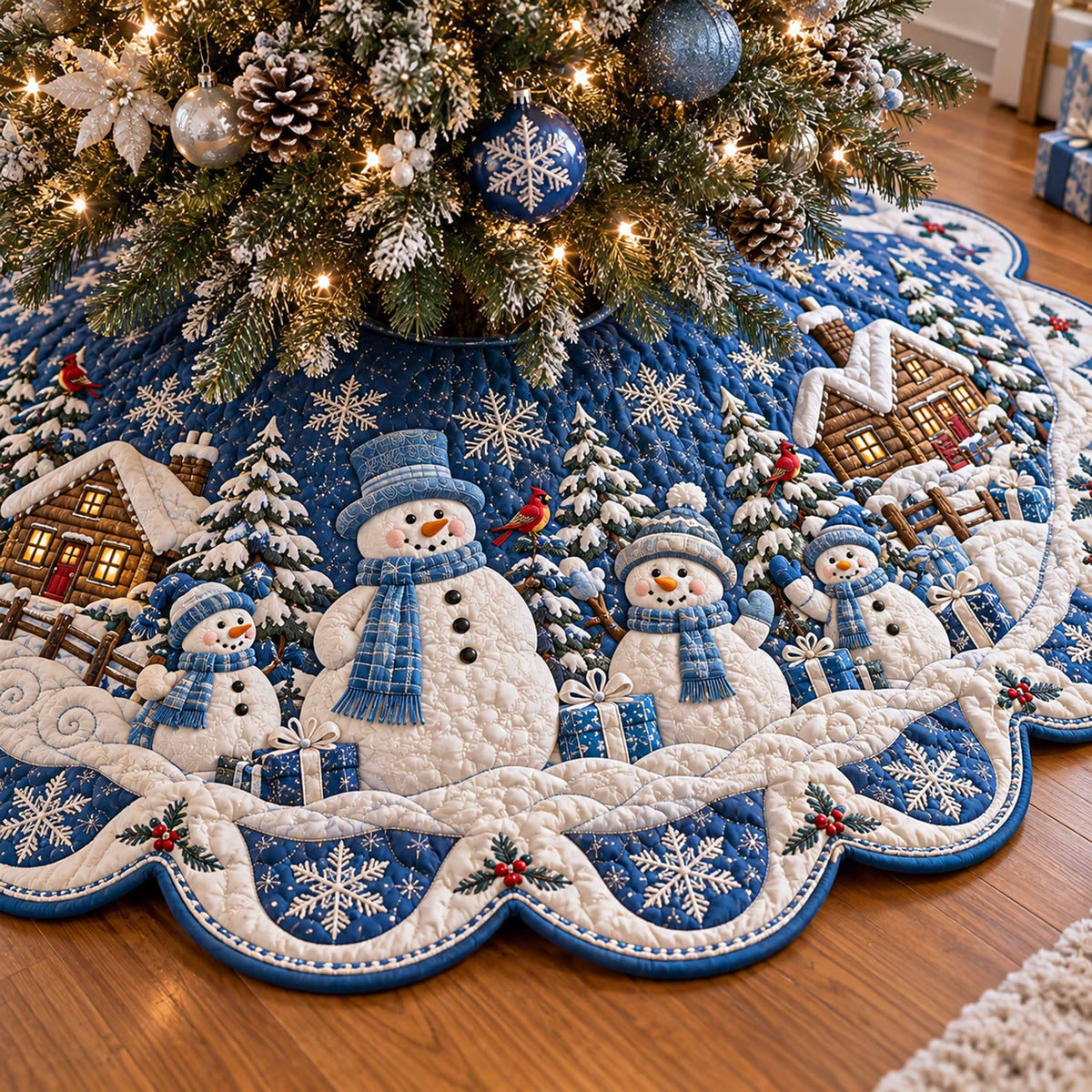 Snowman Joy Custom Shape Christmas Quilted Tree Skirt TZL0TD115