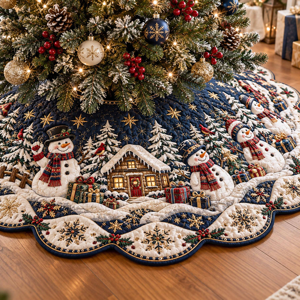Snowman Village Custom Shape Christmas Quilted Tree Skirt TZL0TD119