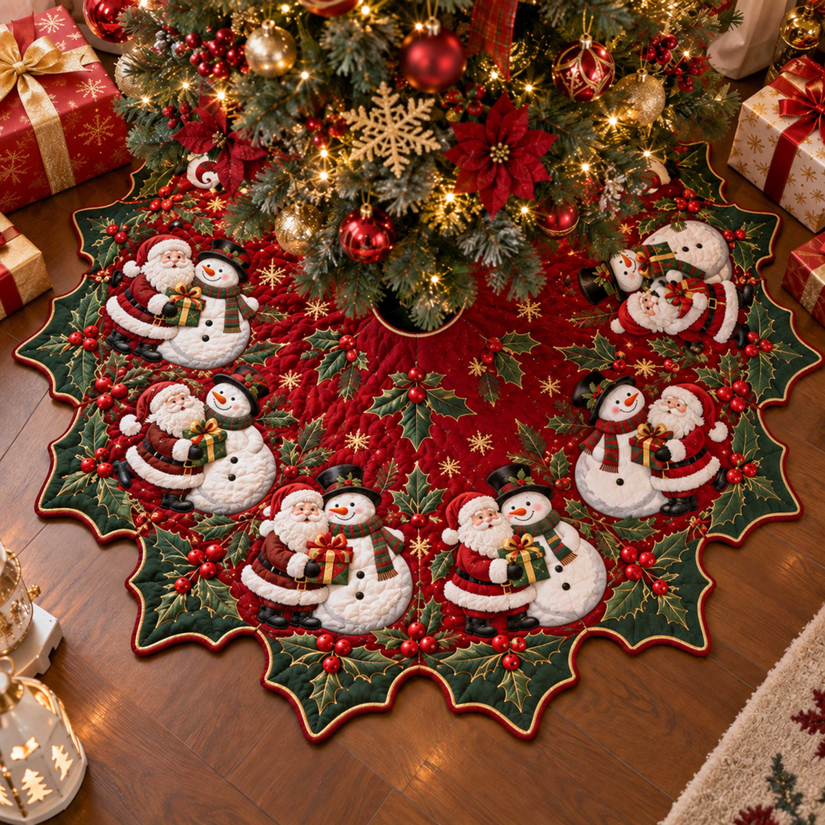Snowman Village Custom Shape Christmas Quilted Tree Skirt TZL0TD32