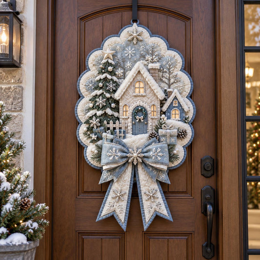 Snowy Cottage Bow Custom Shape Quilted Door Hanger TZL0DV106