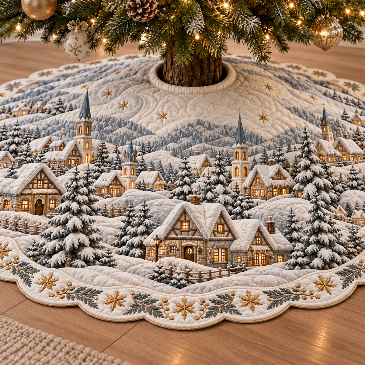 Snowy Mountain Village Custom Shape Christmas Quilted Tree Skirt TZL0TV119