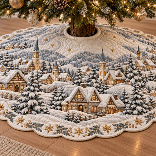 Snowy Mountain Village Custom Shape Christmas Quilted Tree Skirt TZL0TV119