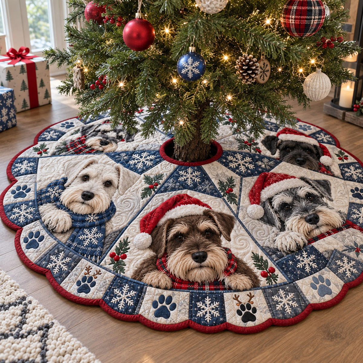 Snowy Paws Tree Skirt Custom Shape Christmas Quilted Tree Skirt TZL0PT0327