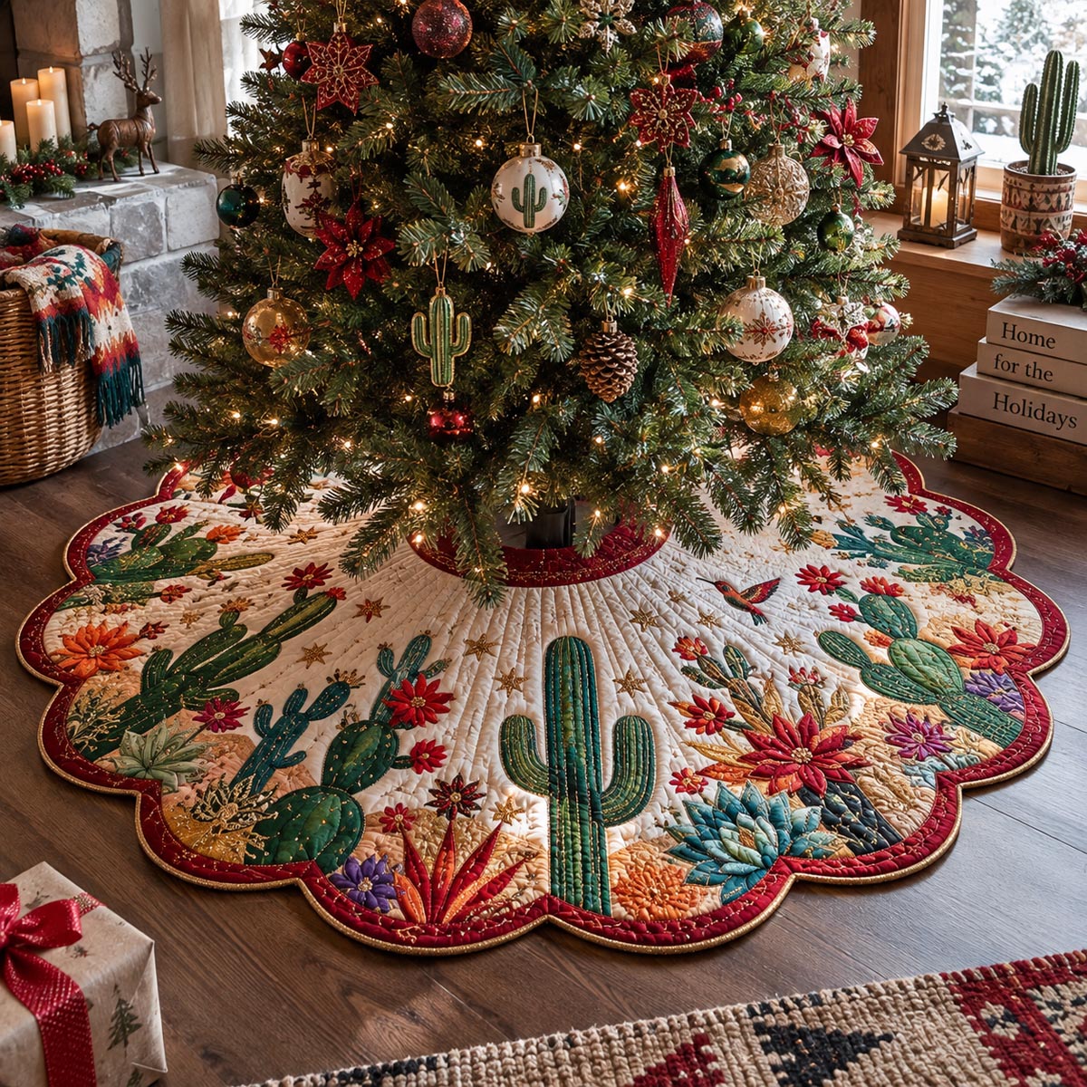 Southwest Holiday Garden Custom Shape Christmas Quilted Tree Skirt TZL0DV094