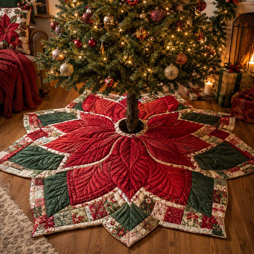 Star Poinsettia Custom Shape Christmas Quilted Tree Skirt TZL0HH0027