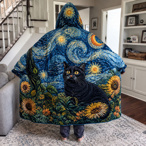 Sunflower Night Cat Quilted Hooded Blanket TZL0PT0163