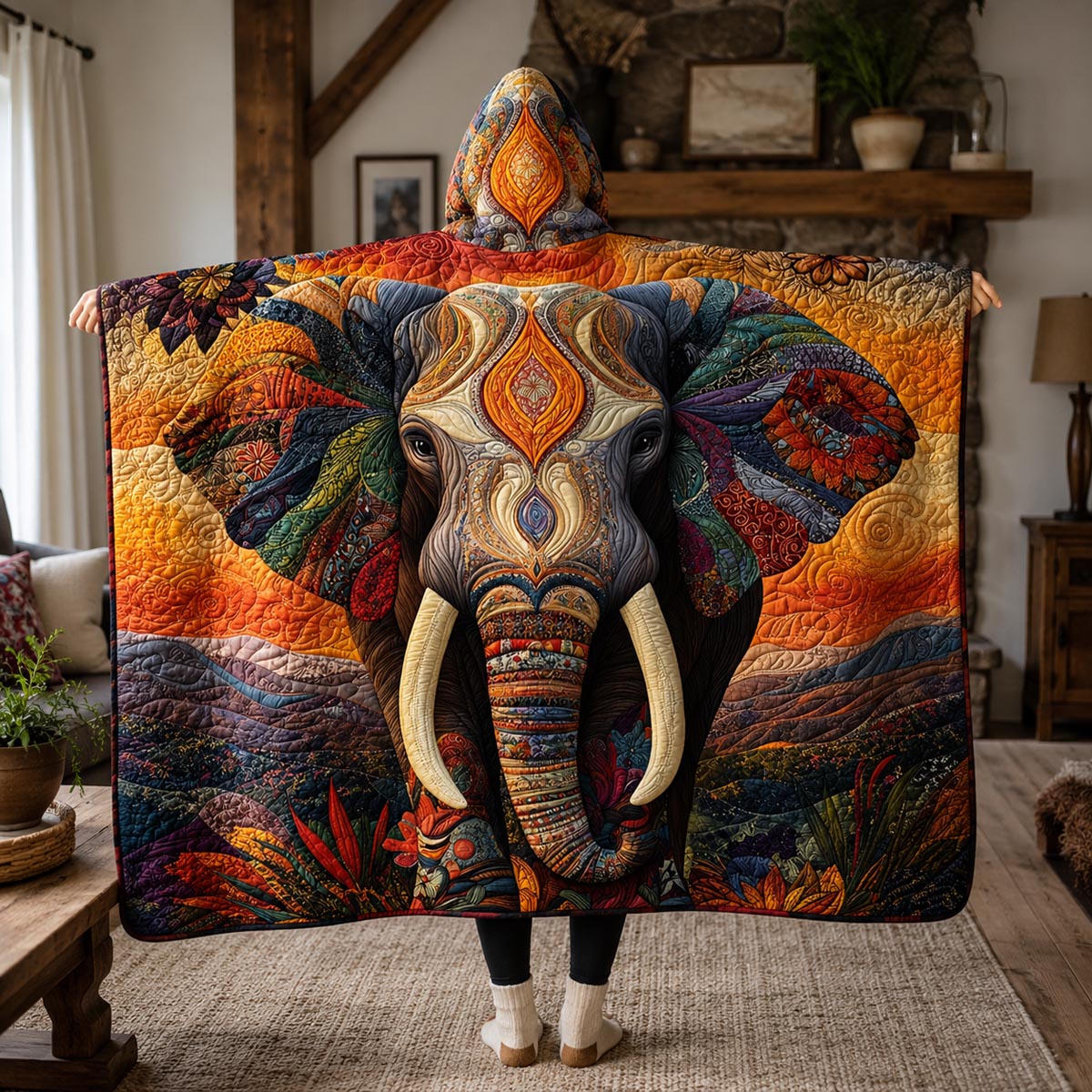 Sunset Boho Elephant Quilted Hooded Blanket TZL0DV022