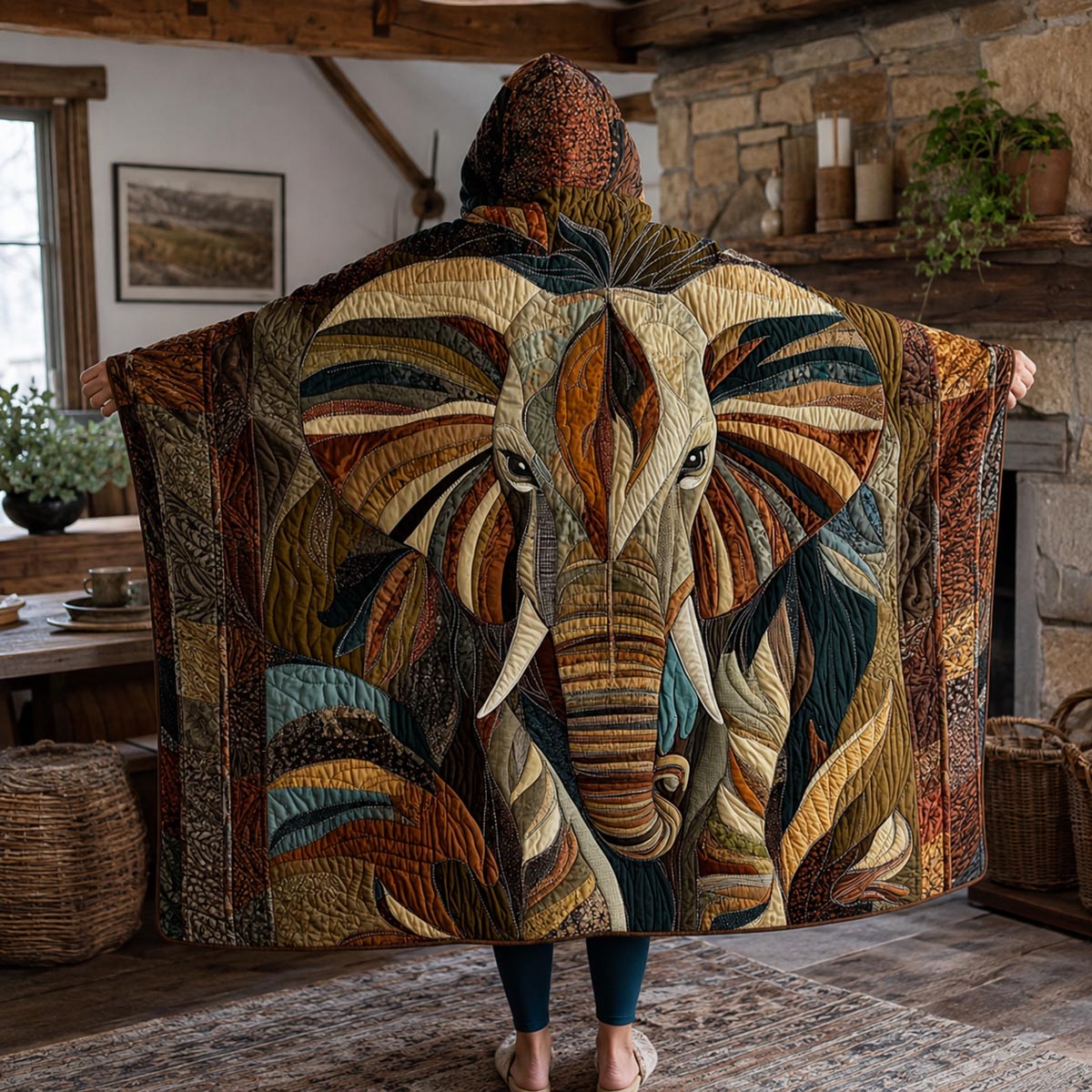 Tribal Leaf Elephant Quilted Hooded Blanket TZL0DV025