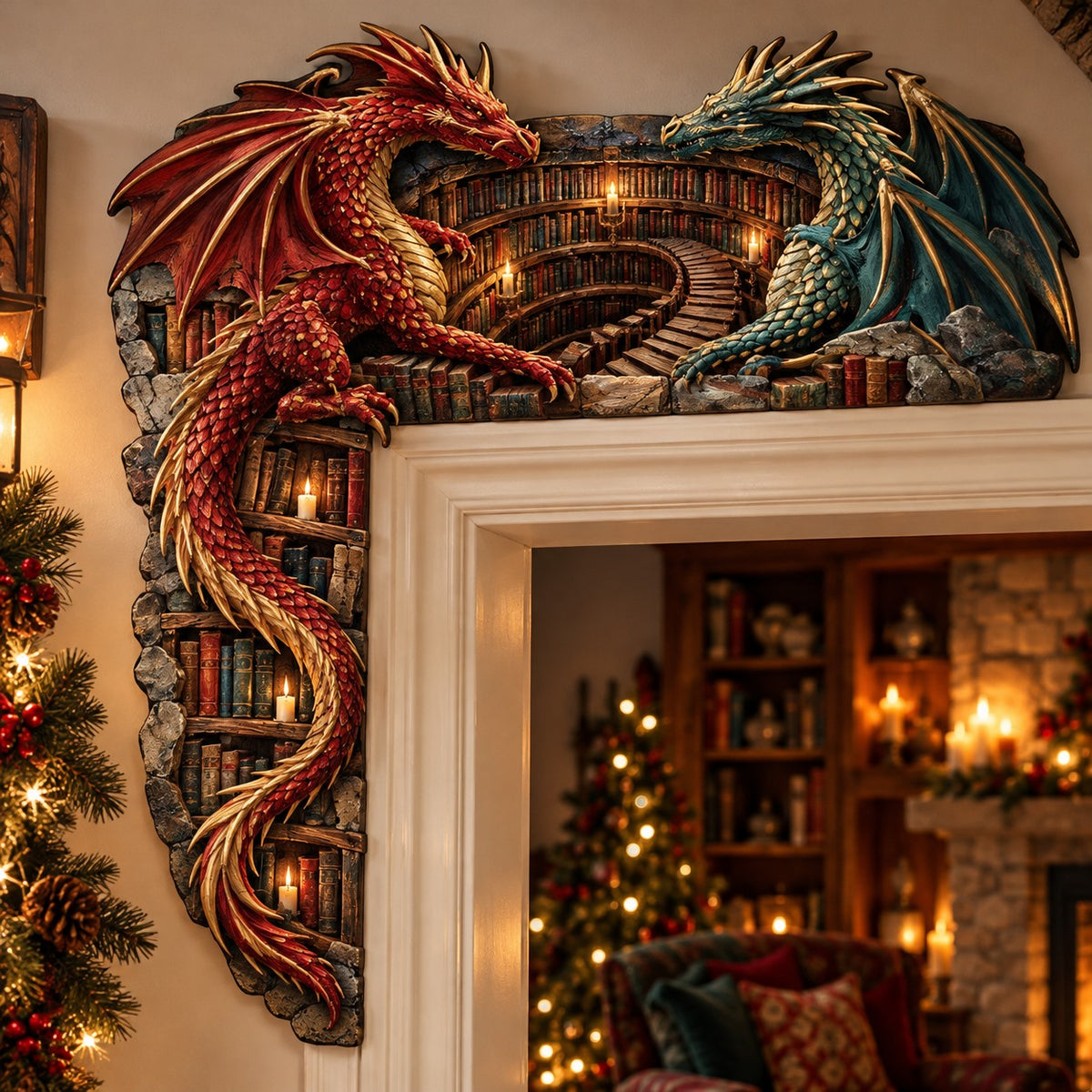 Twin Library Dragons Christmas Door Corner Sign TZL0PT0752