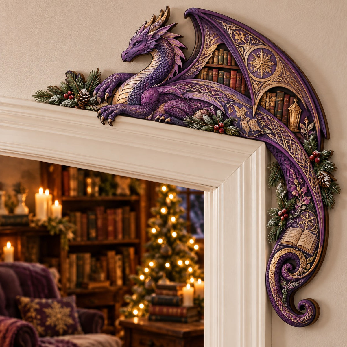 Violet Bookshelf Dragon Christmas Door Corner Sign TZL0PT0754