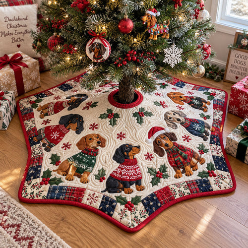 Wiener Dog Christmas Wishes Custom Shape Christmas Quilted Tree Skirt TZL0PT0391