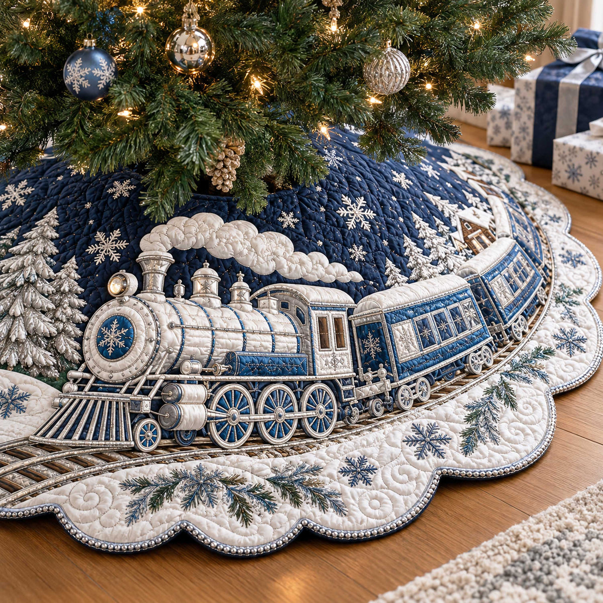 Winter Train Custom Shape Christmas Quilted Tree Skirt TZL0TD129