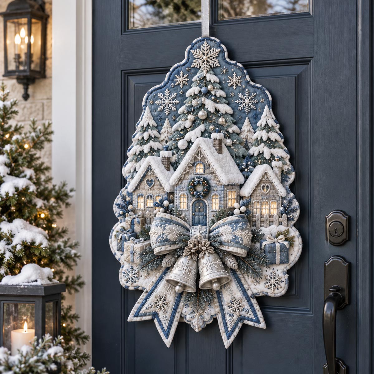 Winter Village Bow Custom Shape Quilted Door Hanger TZL0DV108