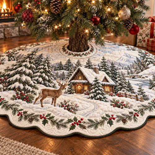 Winter Village Retreat Custom Shape Christmas Quilted Tree Skirt TZL0TV116
