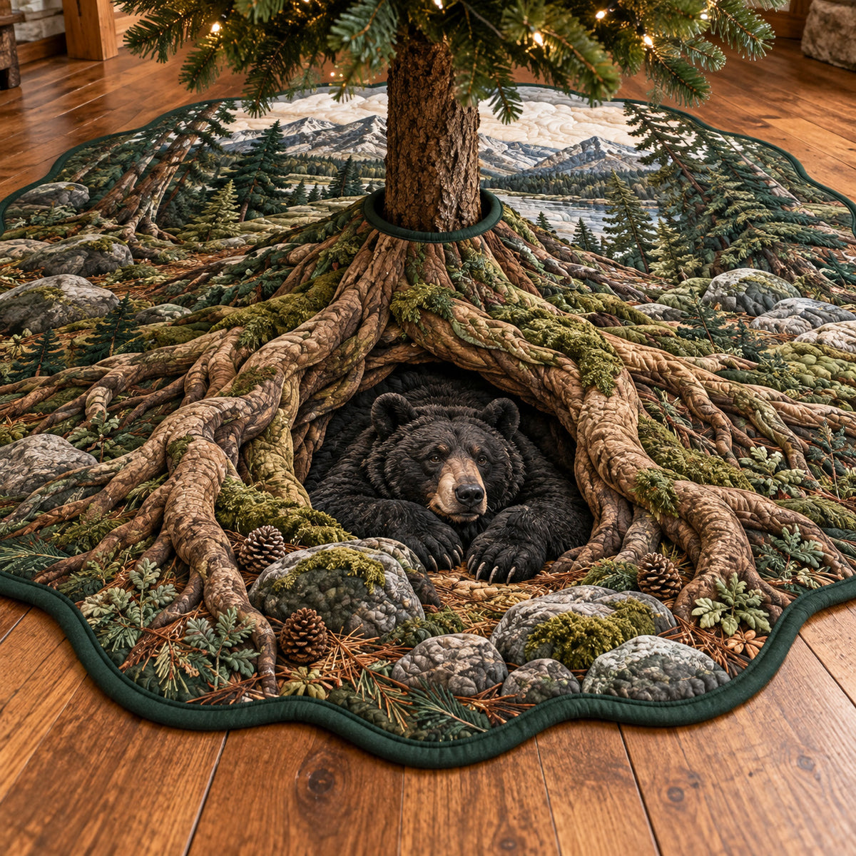 Woodland Bear Retreat Custom Shape Christmas Quilted Tree Skirt TZL0TV107