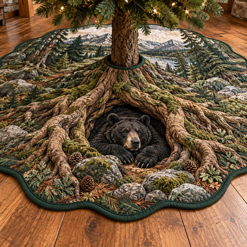 Woodland Bear Retreat Custom Shape Christmas Quilted Tree Skirt TZL0TV107
