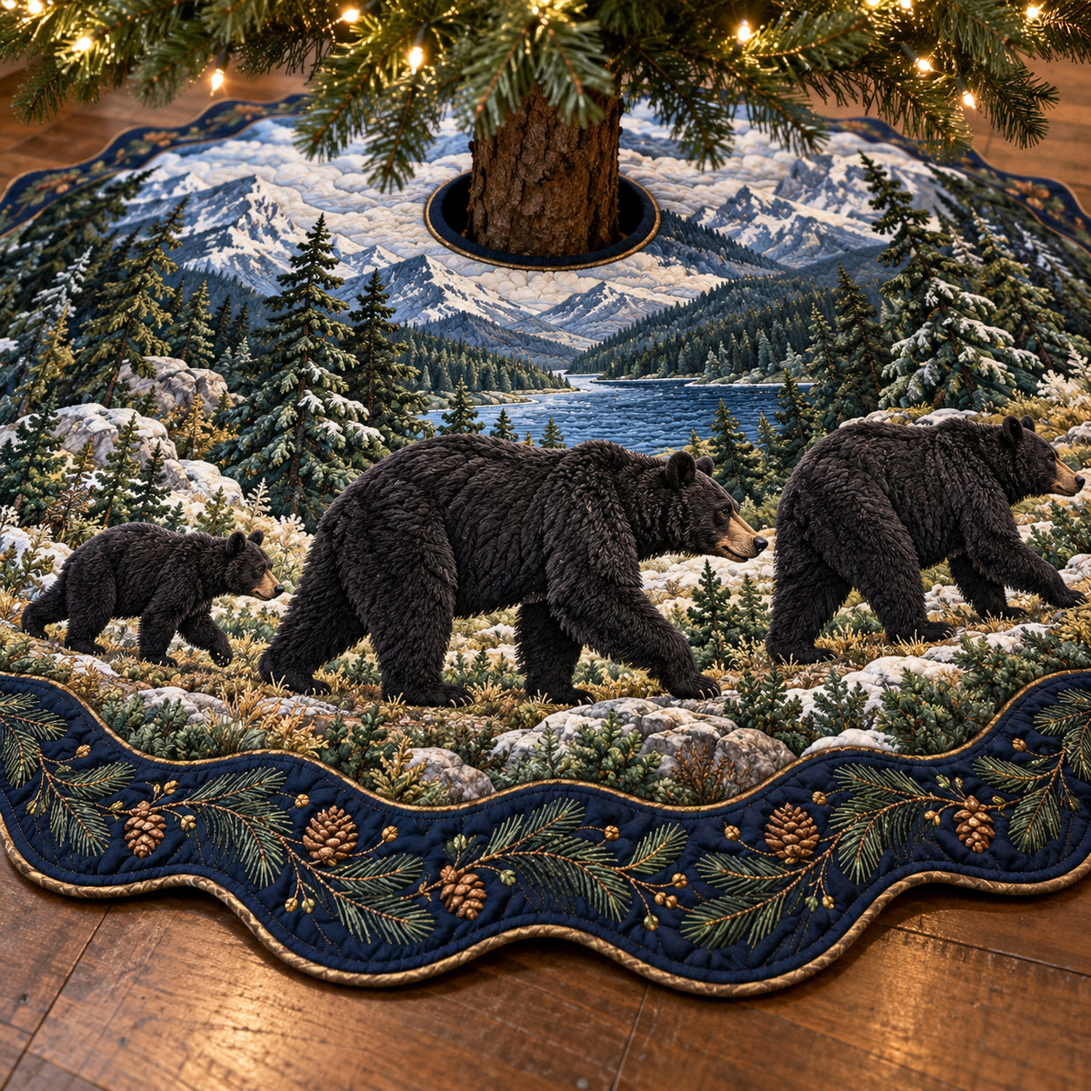 Woodland Bear Trail Custom Shape Christmas Quilted Tree Skirt TZL0TV113