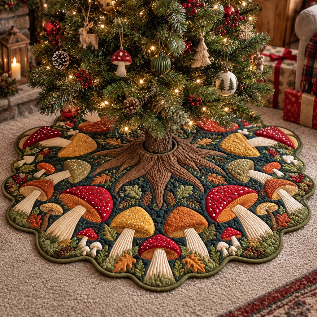 Woodland Mushroom Custom Shape Christmas Quilted Tree Skirt TZL0HH0010