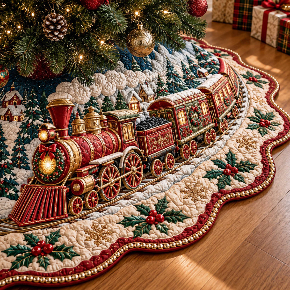 Xmas Train Custom Shape Christmas Quilted Tree Skirt TZL0TD124